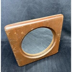 Vintage 70's Square Wooden Mirror Framed Round Mirror Retro 1970s Boho Bedroom
